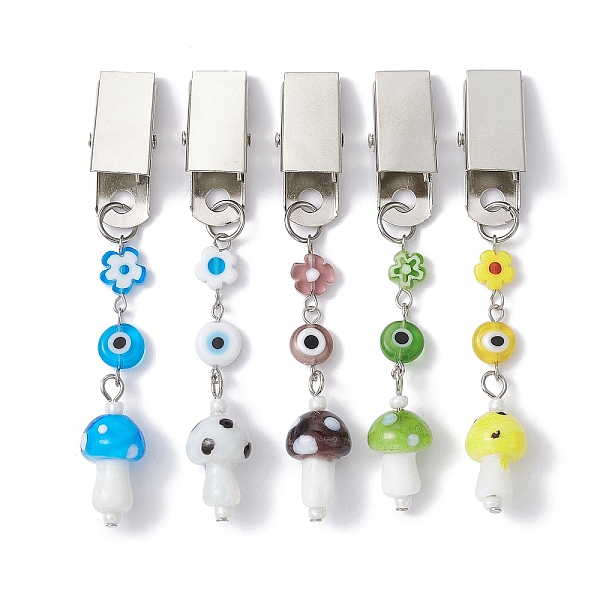 

PandaHall Iron ID Card Clips with Handmade Lampwork Mushroom & Evil Eye, Badge Holder Clip, Mixed Color, 83mm Lampwork Mushroom Multicolor