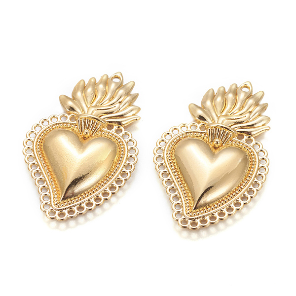 PandaHall Alloy Pendants, Sacred Heart, Heart of Holy Flame, Golden, 40x25x3.5mm, Hole: 1.5mm Alloy Heart