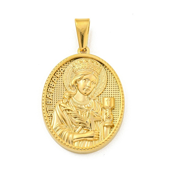 

PandaHall Ion Plating(IP) 304 Stainless Steel Pendants, Oval with Saint Charm, Golden, 35.5x26x4mm, Hole: 9.5x5mm 304 Stainless Steel Oval