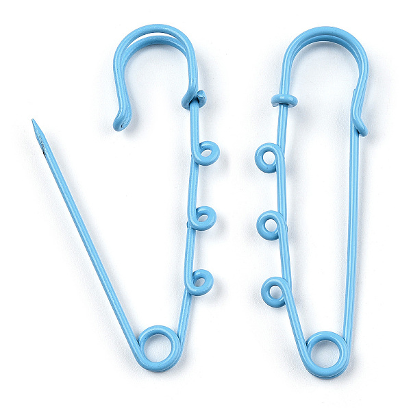 

PandaHall Spray Painted Iron Brooch Findings, Kilt Pins with Triple Loops, Light Sky Blue, 59x18x6mm, Hole: 2mm Iron