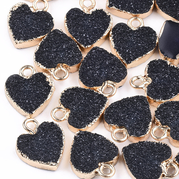 

PandaHall Electroplate Druzy Resin Pendants, with Iron Findings, Heart, Light Gold, Black, 15x12x3.5~4mm, Hole: 1mm Iron+Resin Heart Black