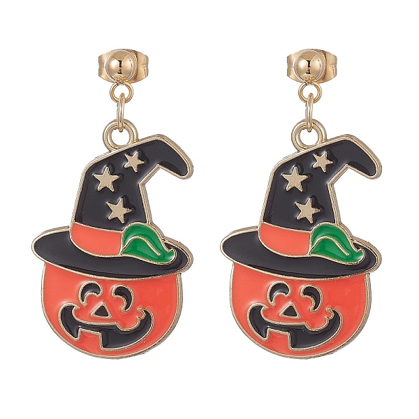 PandaHall Halloween Pumpkin Alloy Enamel Dangle Stud Earrings, Golden 304 Stainless Steel Jewelry for Women, Orange Red, 38.5mm, Pin: 0.8mm...