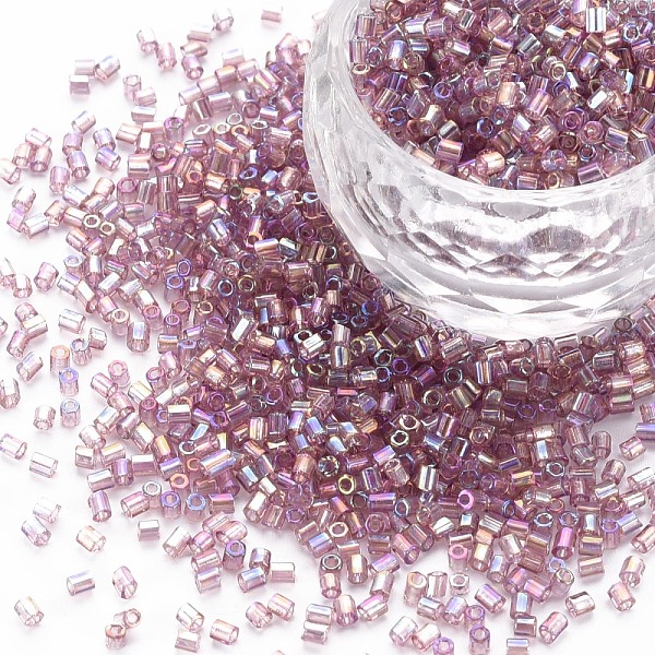 

PandaHall Glass Bugle Beads, Transparent Colours Rainbow, Plum, 2.5~3x2mm, Hole: 0.9mm, about 15000pcs/pound Glass Purple