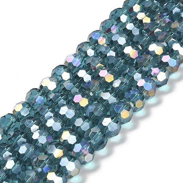 

PandaHall Transparent Glass Beads, 32 Facets, AB Color Plated, Round, Light Sea Green, 8x7~7.5mm, Hole: 1.5mm, about 66pcs/strand...