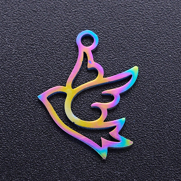 

PandaHall Ion Plating(IP) 201 Stainless Steel Pendants, Pigeon, Rainbow Color, 17.5x13x1mm, Hole: 1.5mm 201 Stainless Steel Bird