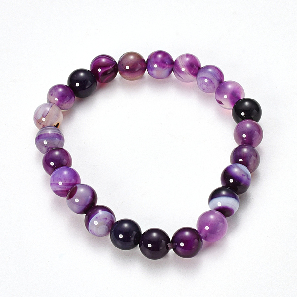 

PandaHall Natural Striped Agate/Banded Agate Beaded Stretch Bracelets, Dyed, Round, Purple, 2-1/8 inch(55mm) Natural Agate Purple