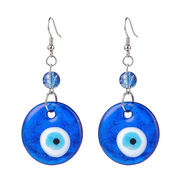 PandaHall Lampwork Evil Eye Dangle Earrings, Brass Jewelry for Women, Blue, 67.5~68mm, Pin: 0.5mm Lampwork Evil Eye Blue