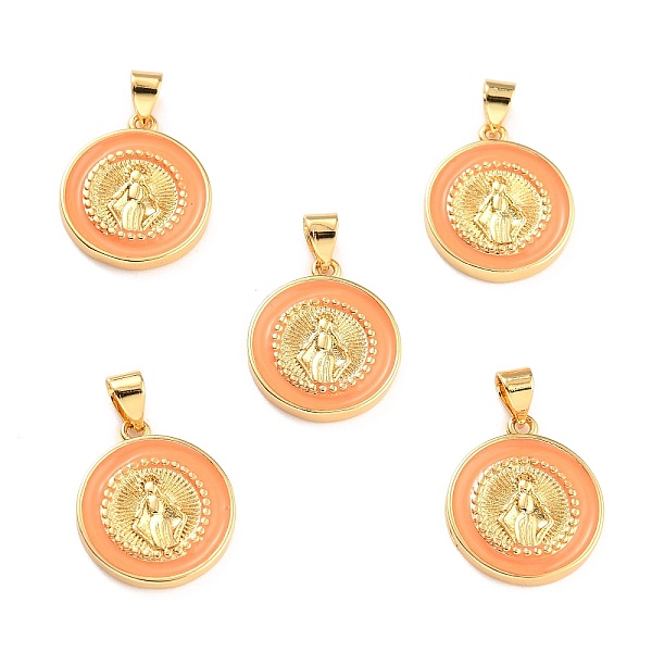 

PandaHall Brass Enamel Pendants, Cadmium Free & Lead Free, Long-Lasting Plated, Flat Round with Virgin Mary, Real 18K Gold Plated, Orange...