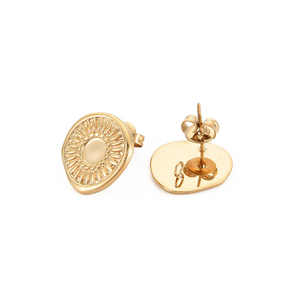 

PandaHall Ion Plating(IP) 304 Stainless Steel Stud Earring Findings, Earring Setting for Enamel, with Ear Nuts and Loop, Oval with Sun, Real...