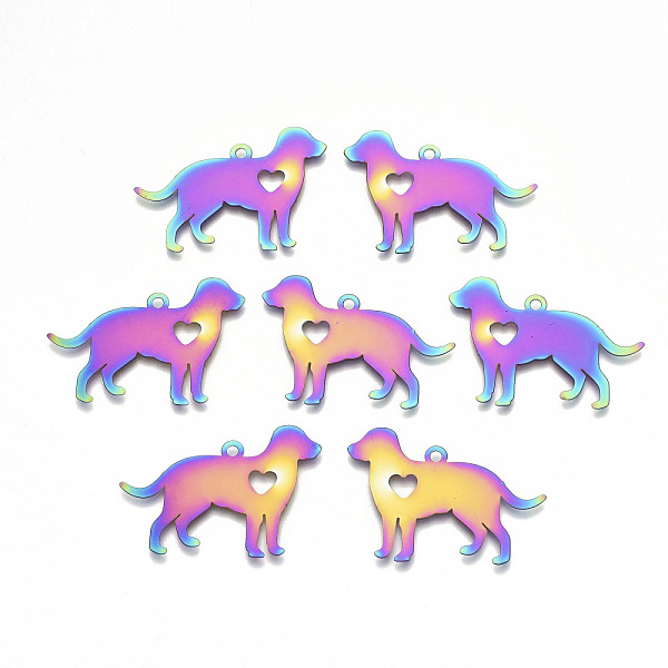 

PandaHall Ion Plating(IP) 201 Stainless Steel Pet Pendants, Etched Metal Embellishments, Dog with Heart, Rainbow Color, 25x35x0.3mm, Hole...