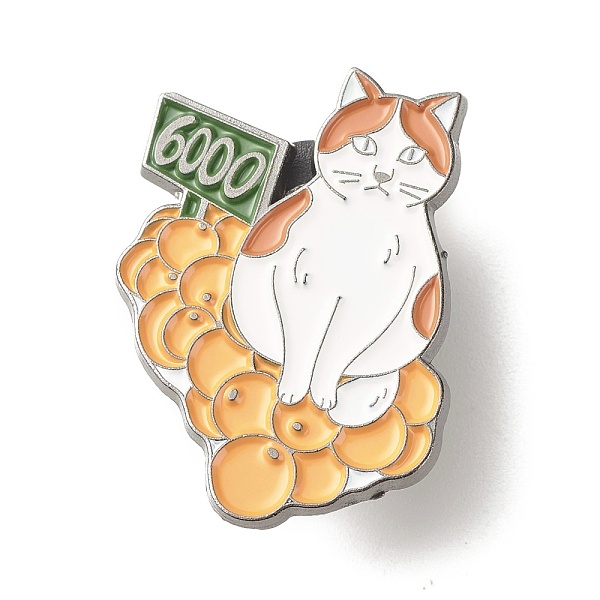 PandaHall Cat with Orange Enamel Pin, Number Pattern 6000 Iron Enamel Brooch for Backpack Clothes, Gunmetal, Yellow, 29x21.5x10mm Iron...