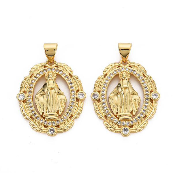 

PandaHall Brass Micro Pave Cubic Zirconia Pendants, Nickel Free, Oval with Virgin, Real 16K Gold Plated, 25x21x3mm, Hole: 3x5mm Brass+Cubic..., Clear