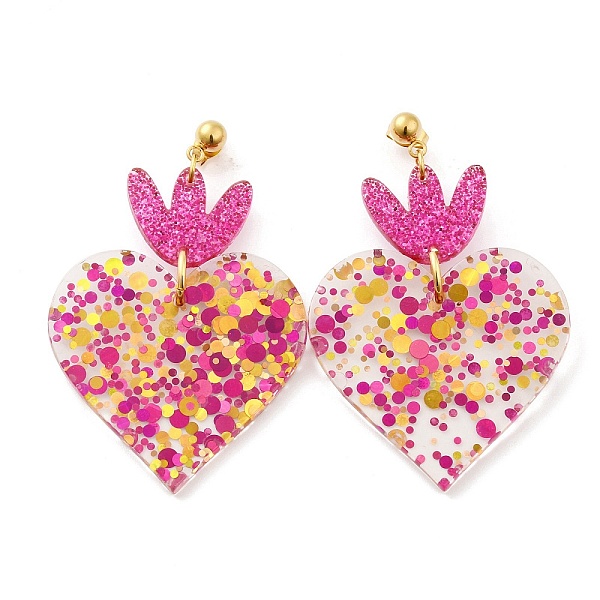 

PandaHall Acrylic Heart Dangle Stud Earrings, Long Drop Earrings with 304 Stainless Steel Pins, Camellia, 61x39~40mm Acrylic Heart Pink