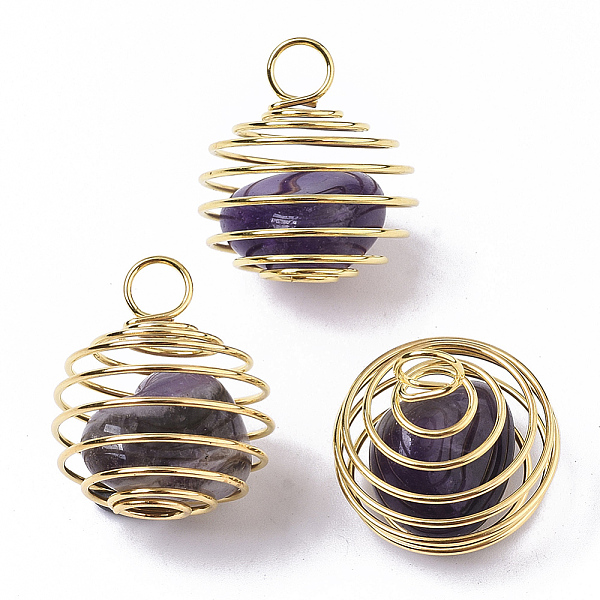 PandaHall Iron Wrap-around Spiral Bead Cage Pendants, with Natural Amethyst Beads inside, Round, Golden, 21x24~26mm, Hole: 5mm Amethyst... PandaHall Iron Wrap-around Spiral Bead Cage Pendants, with Natural Amethyst Beads inside, Round, Golden, 21x24~26mm, Hole: 5mm Amethyst...