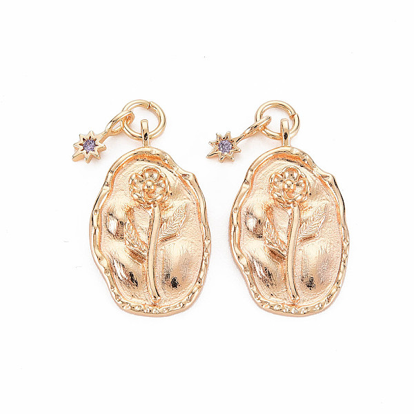 

PandaHall Brass Tanzanite Rhinestone Pendants, Birth Flower Charms, Nickel Free, Oval with Star, Real 18K Gold Plated, Flower Pattern..., Purple