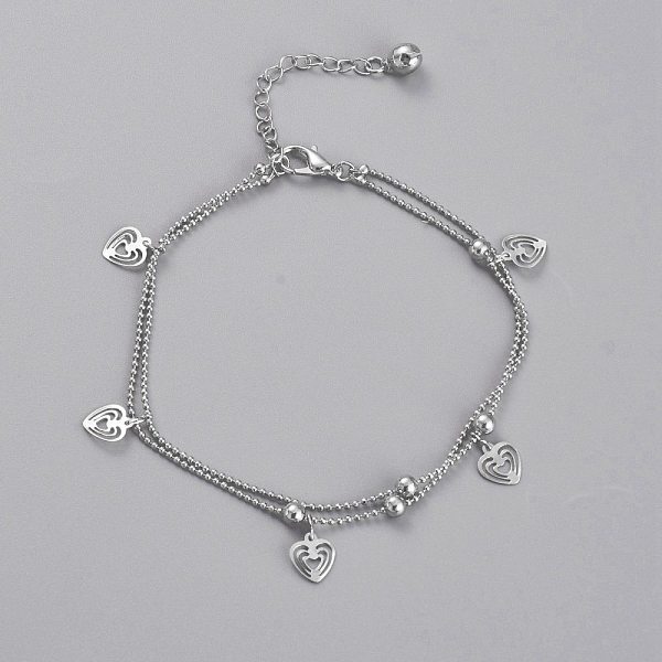 

PandaHall Brass Multi-Strand Anklets, with Ball Chains, Round Beads and Bell Charm, Heart, Platinum, 8-1/2 inch(21.7cm) Brass