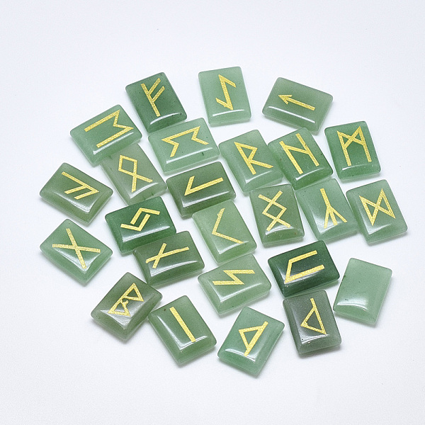 

PandaHall Natural Green Aventurine Cabochons, Rectangle with Runes/Futhark/Futhorc, 20x15x6mm, 25pcs/set Green Aventurine Rectangle
