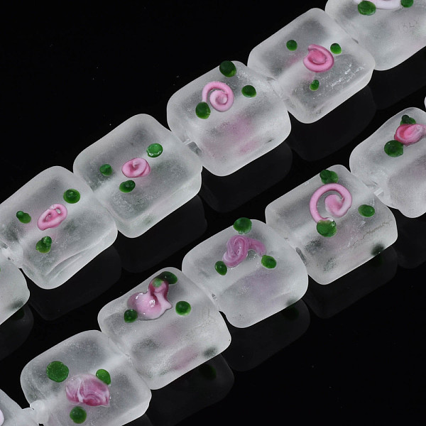 

PandaHall Handmade Frosted Lampwork Beads Strands, Square with Flower, Clear, 13~14.5x12~13x7~9mm, Hole: 1.5mm, about 35pcs/strand, 17.72...