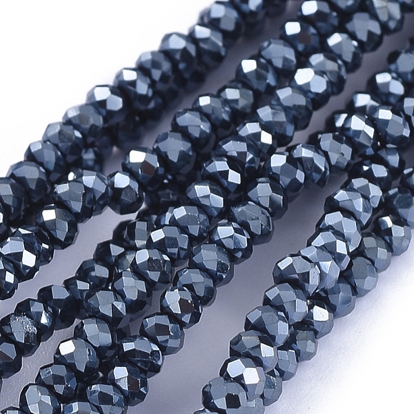 

PandaHall Electroplate Glass Beads Strands, Full Plated, Faceted, Rondelle, Hematite Plated, 2.5x1mm, Hole: 0.5mm, about 185~190pcs/strand...