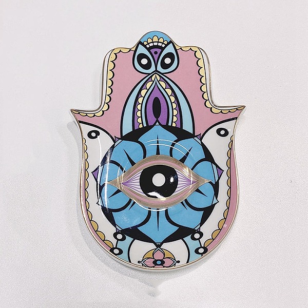 

PandaHall Porcelain Cup Mats, Hamsa Hand Shape Evil Eye Pattern Coaster, Colorful, 165x115x15mm Porcelain Hamsa Hand