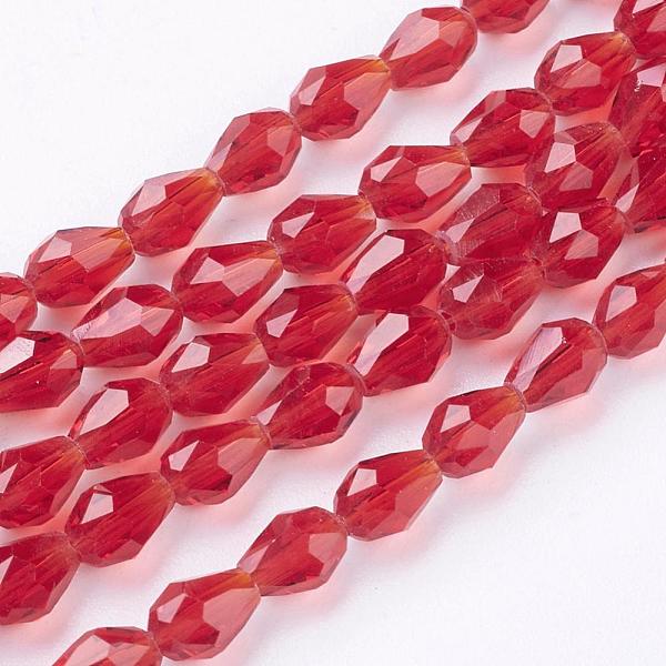 

PandaHall Glass Beads Strands, Faceted, teardrop, Red, 6x4mm, Hole: 1mm, about 65~68pcs/strand, 14.96~15.35 inch Glass Teardrop Red