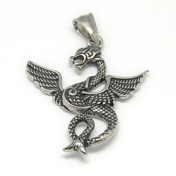 

PandaHall Fashionable Retro 304 Stainless Steel Dragon Pendants, Antique Silver, 40.5x34x4mm, Hole: 4x7mm 304 Stainless Steel Dragon