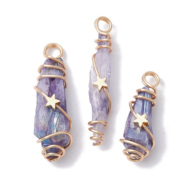 

PandaHall Electroplated Natural Quartz Crystal Dyed Copper Wire Wrapped Pendants, Teardrop Charms with Brass Star, Golden, Lilac..., Purple