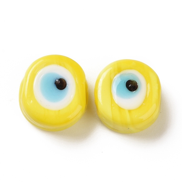 

PandaHall Handmade Evil Eye Lampwork Beads, Flat Round, Yellow, 11.5~12x5.5mm, Hole: 1~1.2mm Lampwork Flat Round Yellow