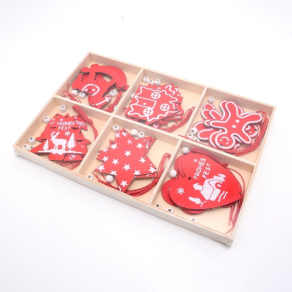 PandaHall Christmas Theme Wood Pendant Decorations, Red, 70~81x62.5~80x2mm, Hole: 3mm Wood Mixed Shapes Red