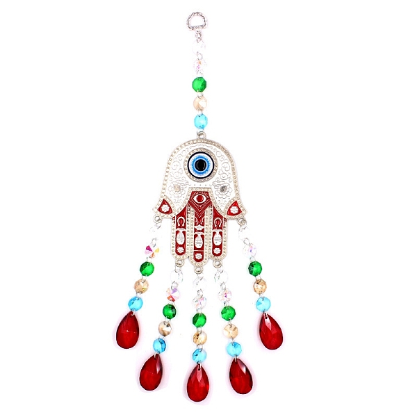 

PandaHall Hamsa Hand/Hand of Miriam with Evil Eye Alloy Lampwork Pendant Decoration, Hanging Suncatcher, with Glass Teardrop Charm and...