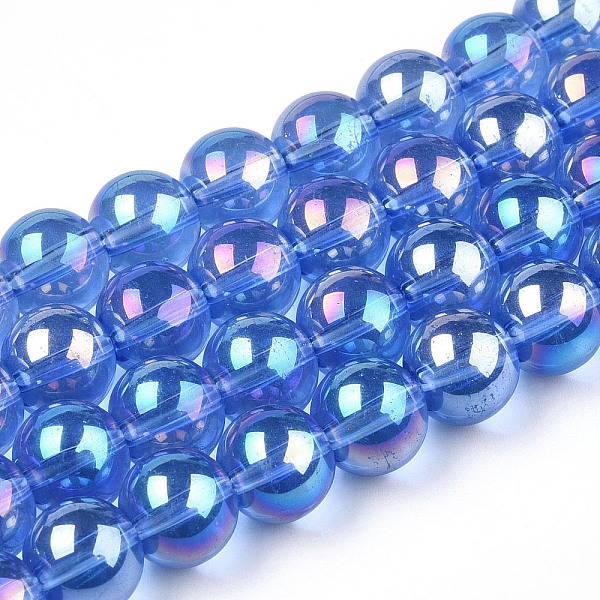 

PandaHall Electroplate Transparent Glass Beads Strands, AB Color Plated, Round, Royal Blue, 9.5~10mm, Hole: 1.5mm, about 40~42pcs/strand...