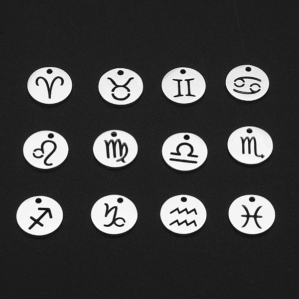 

PandaHall 201 Stainless Steel Charms, Laser Cut, Flat Round with 12 Constellations, Stainless Steel Color, 11.5x11.5x1mm, Hole: 1.5mm...