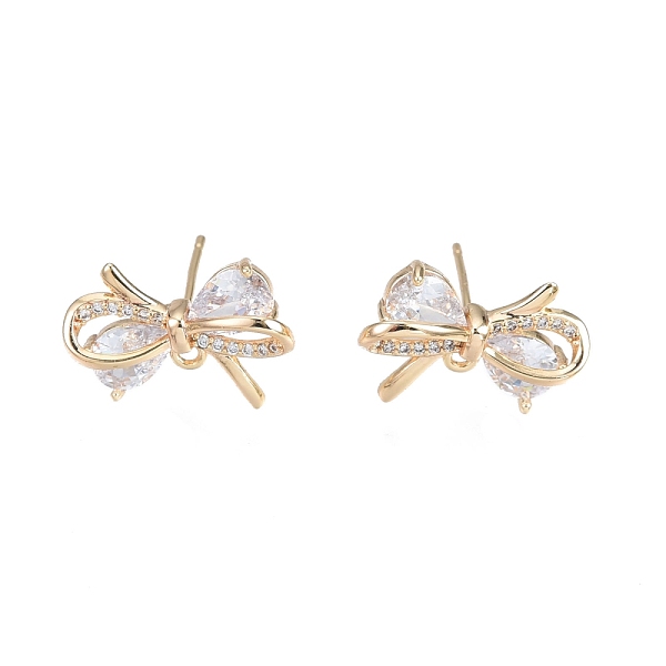 

PandaHall Brass Micro Pave Clear Cubic Zirconia Stud Earring Findings, with Horizontal Loops, Nickel Free, Bowknot, Real 18K Gold Plated...