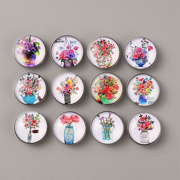 

PandaHall Brass Jewelry Snap Buttons, with Glass Cabochons, Half Round, Flower Pattern, 19x9.5mm, 12pcs/set Brass+Glass Flower
