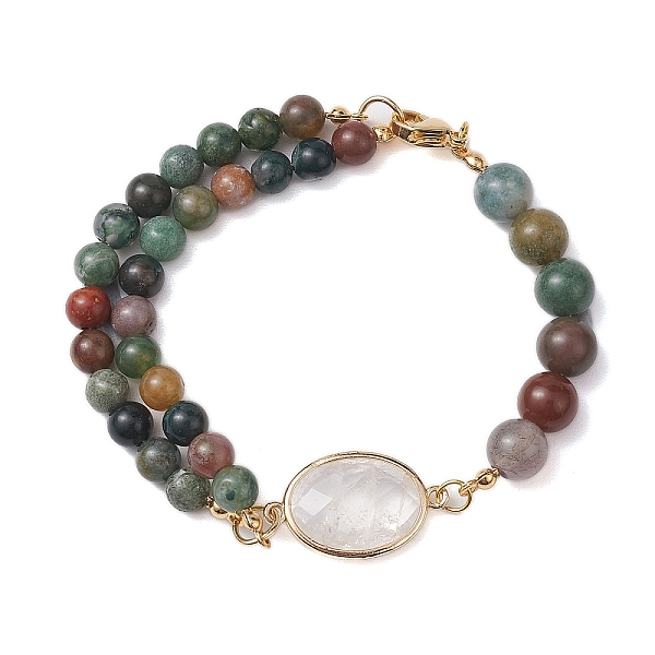

PandaHall Round Natural Indian Agate Beaded Bracelets, Brass Pave Quartz Crystal Oval Link Bracelets for Women, 8-1/8 inch(20.5cm) Indian...