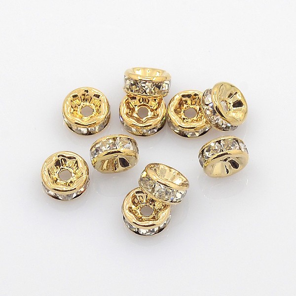 

PandaHall Brass Rhinestone Spacer Beads, Grade AAA, Straight Flange, Nickel Free, Light Gold Metal Color, Rondelle, Crystal, 6x3mm, Hole..., Clear