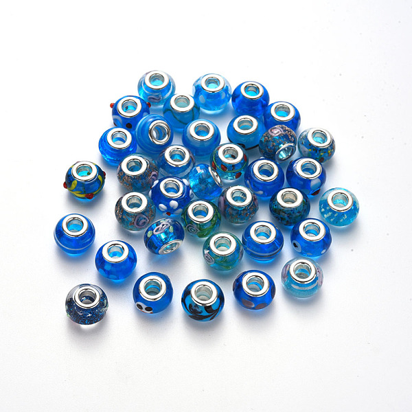 

PandaHall Handmade Lampwork European Beads, Large Hole Rondelle Beads, with Platinum Tone Brass Double Cores, Mix Pattern, Dodger Blue...