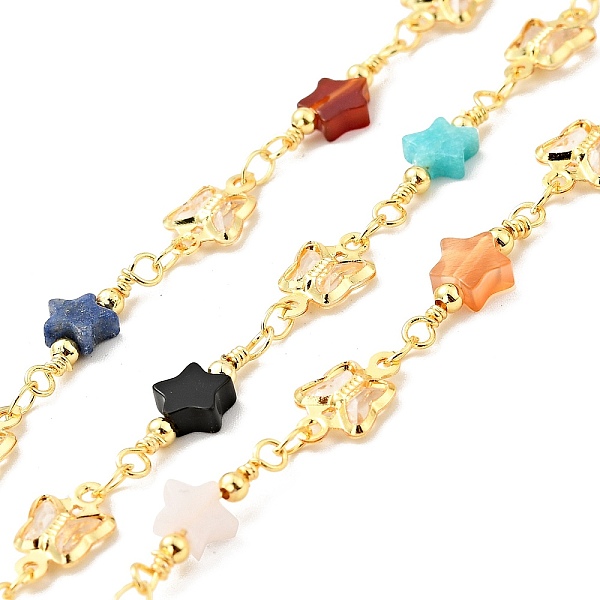 

PandaHall Natural Mixed Gemstone Star & Clear Glass Beaded Chains, with Gold Plated Brass Butterfly Link Chains, Long-Lasting Plated...