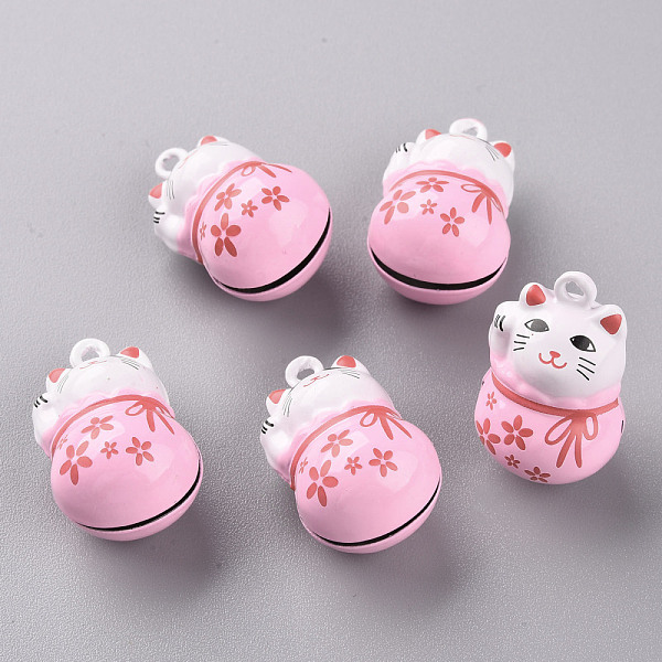 

PandaHall Baking Painted Brass Bell Pendants, Maneki Neko/Beckoning Cat, Pink, 26.5x17x16mm, Hole: 2mm Brass Cat Shape Pink