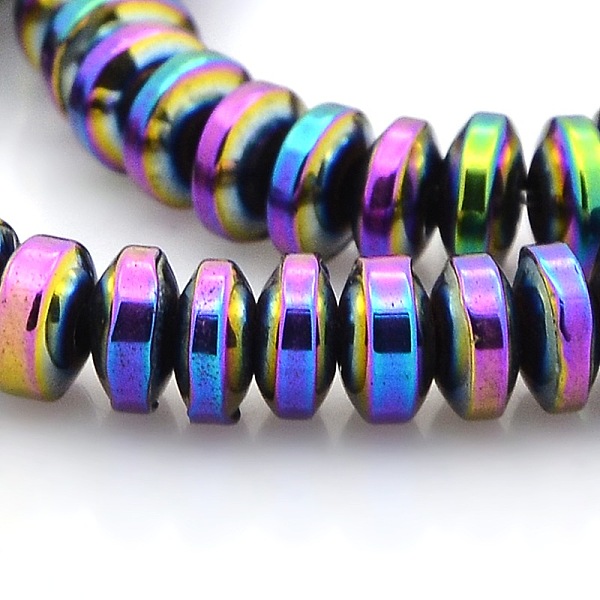 

PandaHall Grade AAA Non-magnetic Synthetic Hematite Rondelle Beads Strands, Multi-color Plated, 6x2.5mm, Hole: 1mm, about 89pcs/strand, 9.8...