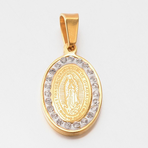 

PandaHall 304 Stainless Steel Flat Oval with Virgin Mary Religion Pendants, with Rhinestones, Golden, 21x13x2.5mm, Hole: 4x6mm Stainless..., Clear