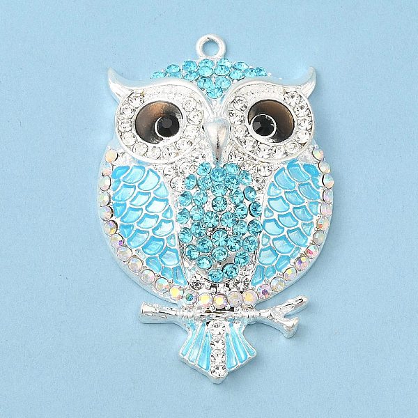 

PandaHall Zinc Alloy Pendants, with Rhinestone, Owl, Aquamarine, 57.5x37.5x12mm, Hole: 2.2mm Alloy+Rhinestone Owl Cyan