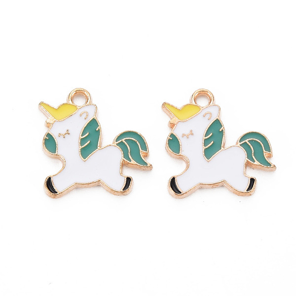 

PandaHall Alloy Enamel Pendants, Unicorn, Light Gold, Sea Green, 18x18x1.5mm, Hole: 2mm Alloy+Enamel Horse