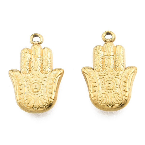 

PandaHall Ion Plating(IP) 201 Stainless Steel Pendants, Hamsa Hand/Hand of Miriam, Real 18K Gold Plated, 23.5x15.5x3.5mm, Hole: 1.4mm 201...
