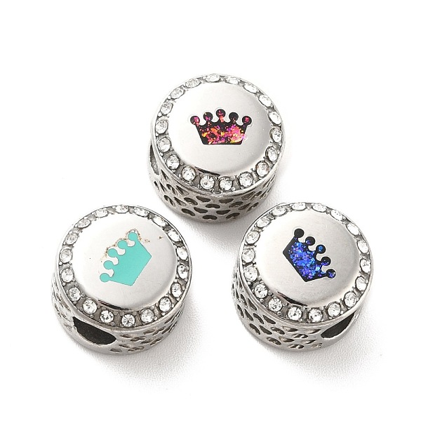 

PandaHall 304 Stainless Steel European Beads, with Enamel & Rhinestone, Large Hole Beads, Stainless Steel Color, Flat Round with Crown..., Multicolor