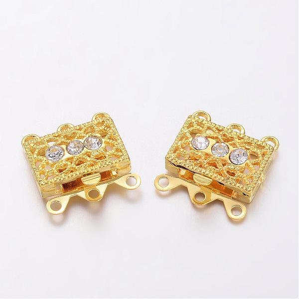 

PandaHall Golden Tone Brass Rhinestone Clasps, Filigree Box Clasps, about 18mm wide, 17mm long, 7mm thick, hole: 1.5mm Brass+Rhinestone...