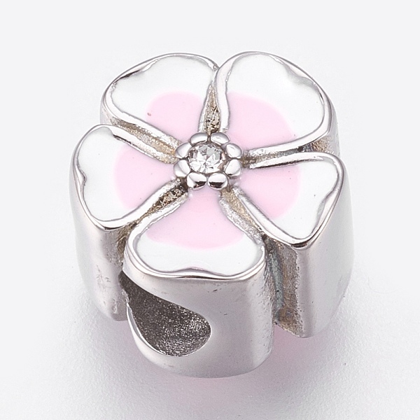 

PandaHall 304 Stainless Steel European Beads, Large Hole Beads, with Enamel and Rhinestone, Flower, Pink, Stainless Steel Color, 11.5x8mm...