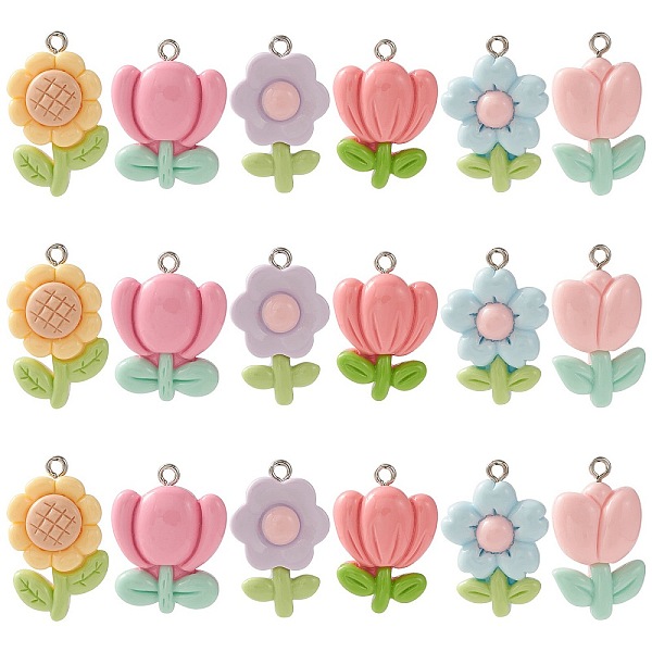

PandaHall 30Pcs 6 Styles Opaque Resin Pendants, Flower Charms, with Platinum Tone Iron Loops, Mixed Color, 26~29x17~20x6~8mm, Hole: 2mm..., Multicolor