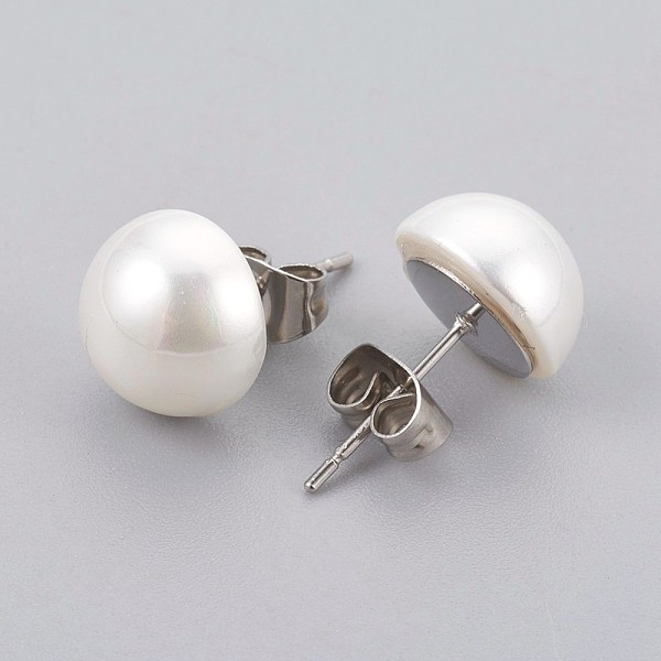 

PandaHall Shell Pearl Beads Ear Studs, with 304 Stainless Steel Findings, Flat Round, Stainless Steel Color, 10x6mm, Pin: 0.7mm Shell Pearl