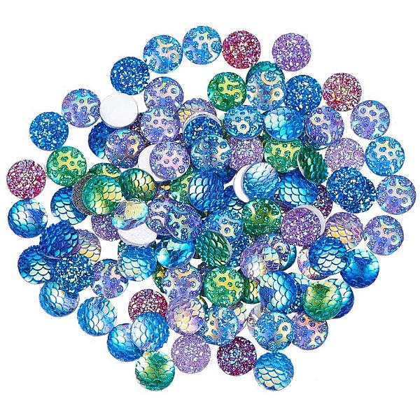 PandaHall Resin Cabochons, Flat Round with Mermaid Fish Scale, Mixed Color, 12x3~3.5mm, 200pcs/box Resin Flat Round Multicolor